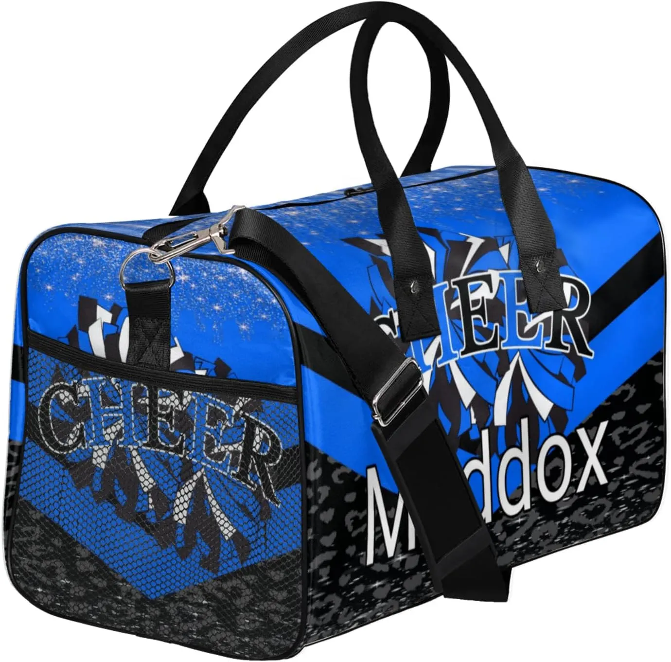 Custom Cheer Bags with Name for Cheerleader, Personalized Sport Duffel Bag Gym Bag for Women, Custom Travel Tote Bags, Blue Black Overnight Weekender Bags