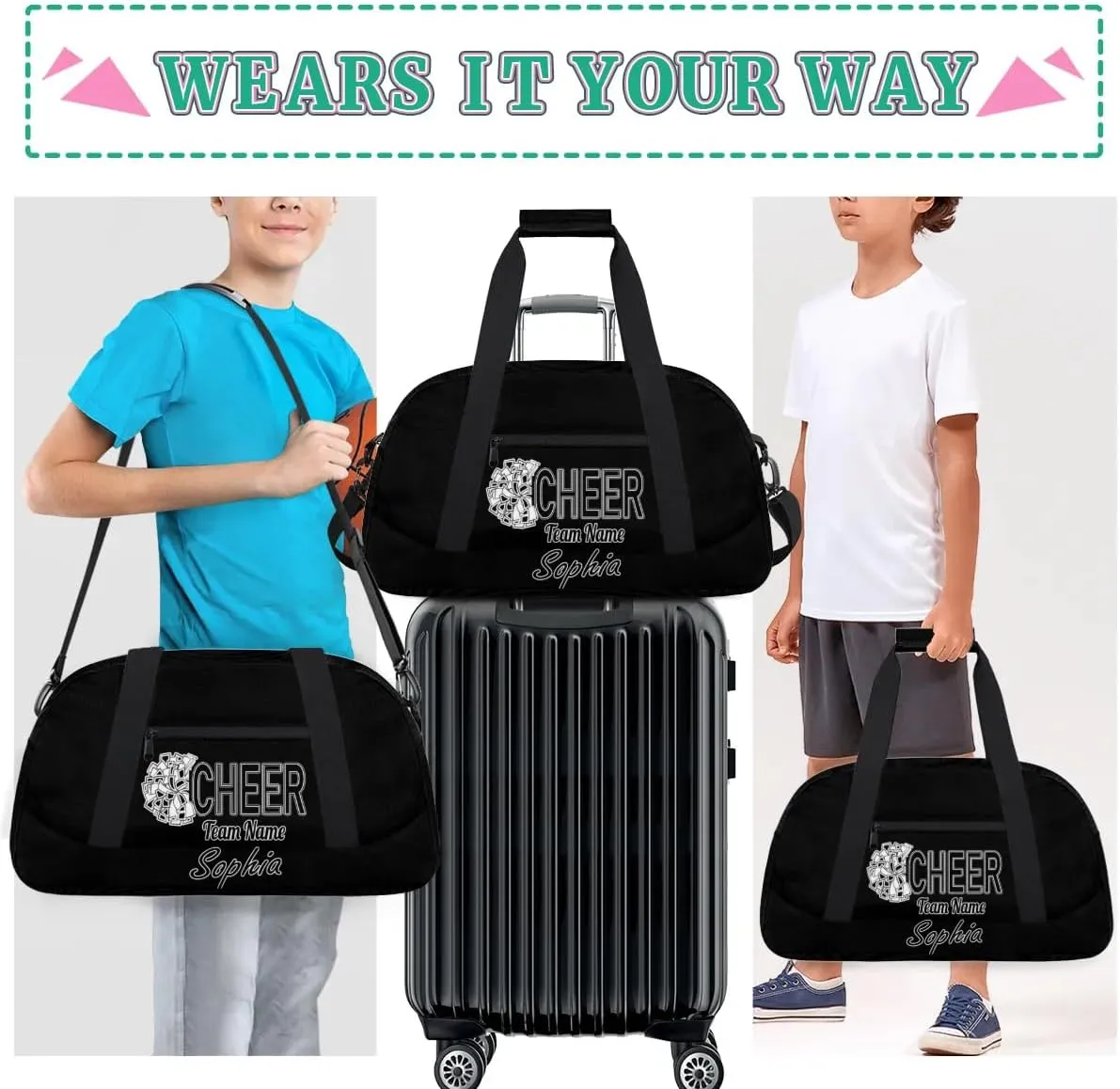 Custom Cheer Duffel Bags, Personalized Dance Sport Bag with Name, Customized Gymnastics Cheerleader Travel Bag Overnight Weekender Bags, Black Gifts
