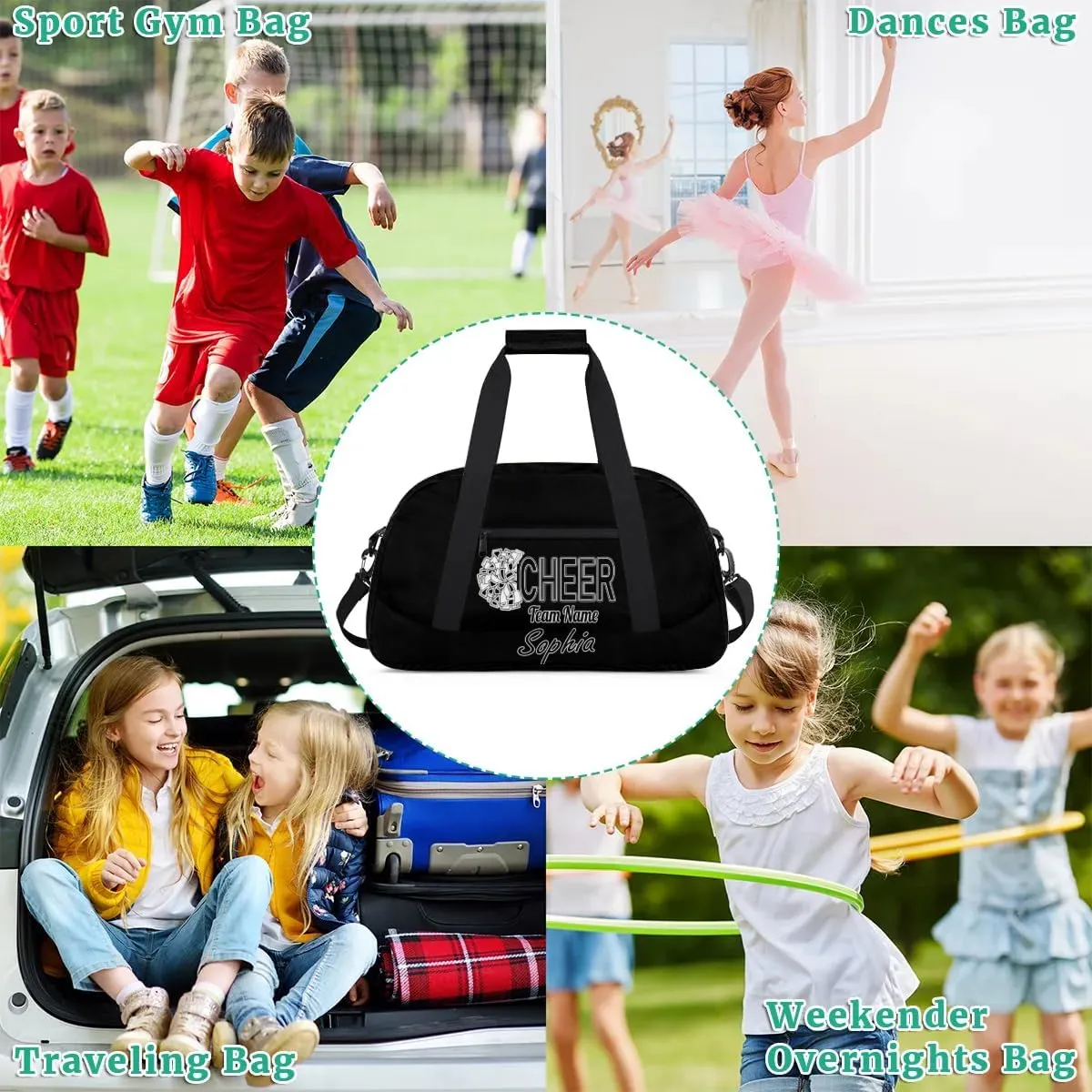 Custom Cheer Duffel Bags, Personalized Dance Sport Bag with Name, Customized Gymnastics Cheerleader Travel Bag Overnight Weekender Bags, Black Gifts