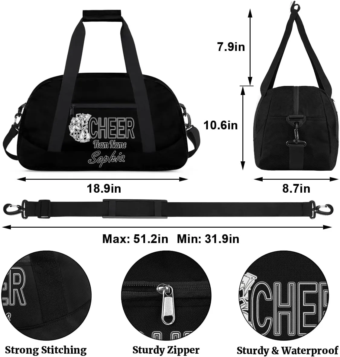Custom Cheer Duffel Bags, Personalized Dance Sport Bag with Name, Customized Gymnastics Cheerleader Travel Bag Overnight Weekender Bags, Black Gifts