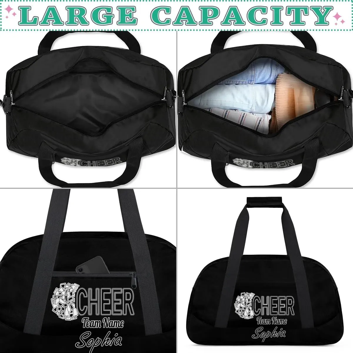 Custom Cheer Duffel Bags, Personalized Dance Sport Bag with Name, Customized Gymnastics Cheerleader Travel Bag Overnight Weekender Bags, Black Gifts