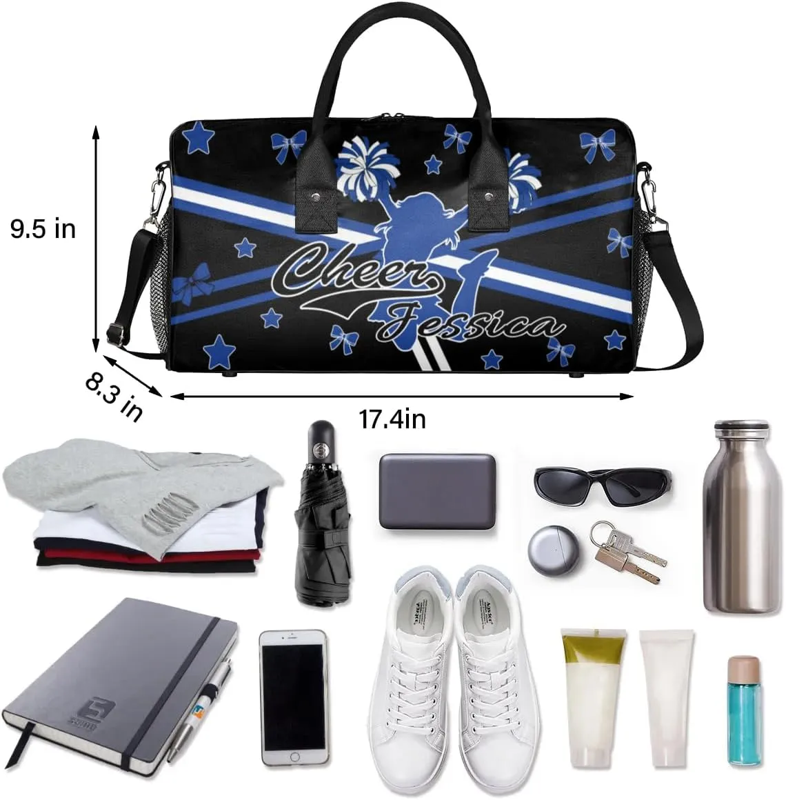 Custom Cheer Name Sport Duffel Bag Gym Bag Personalized Cheer Bags for Cheerleaders, Travel Overnight Weekender Bags, Cobalt Blue