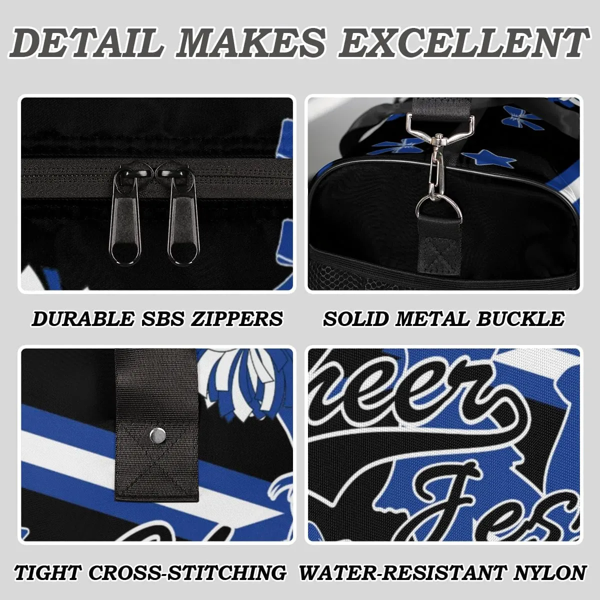 Custom Cheer Name Sport Duffel Bag Gym Bag Personalized Cheer Bags for Cheerleaders, Travel Overnight Weekender Bags, Cobalt Blue