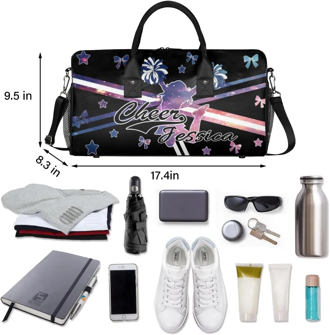 Custom Cheer Name Sport Duffel Bag Gym Bag Personalized Cheer Bags for Cheerleaders, Travel Overnight Weekender Bags, Stars Sky