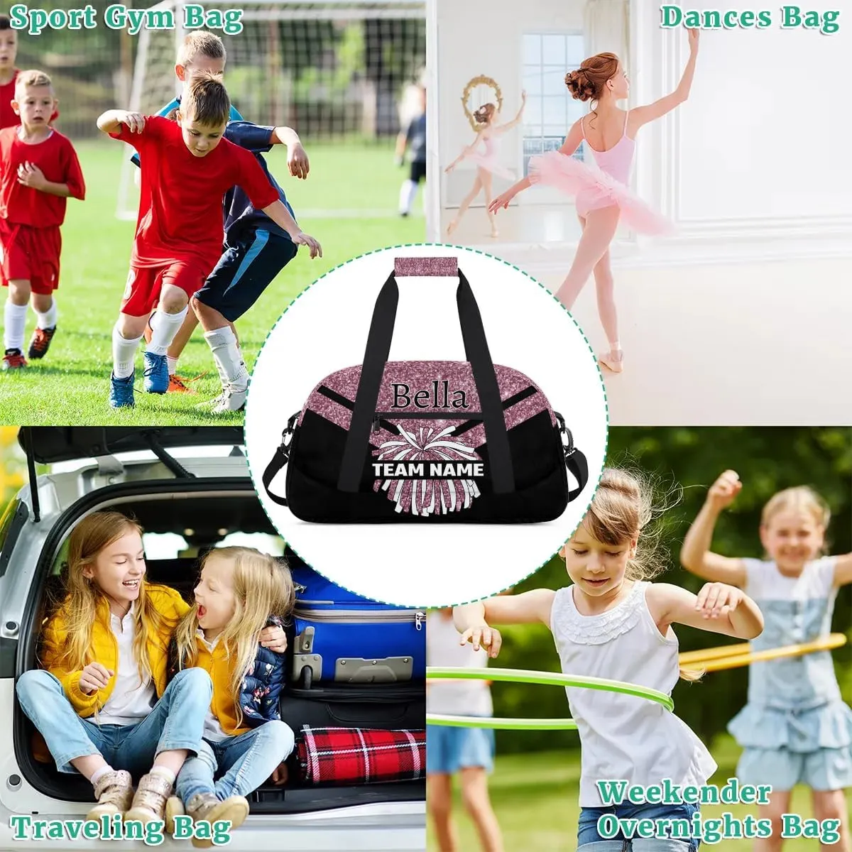 Custom Cheer Sport Bag Gym Duffel Bags Personalized Cheerleadr Bag with Team Name, Customize Travel Duffle Bags, Overnight Weekender Bag Cheerleading Gifts, Blush Pinks Glitter