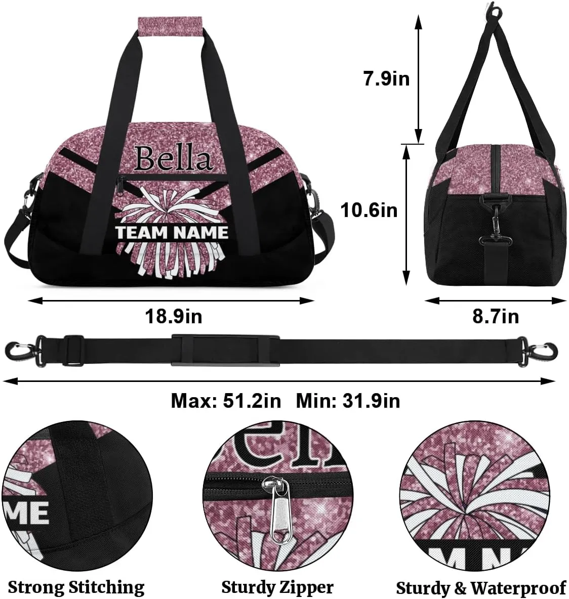Custom Cheer Sport Bag Gym Duffel Bags Personalized Cheerleadr Bag with Team Name, Customize Travel Duffle Bags, Overnight Weekender Bag Cheerleading Gifts, Blush Pinks Glitter