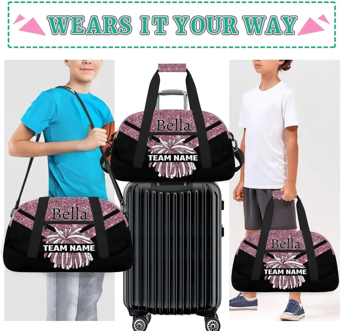 Custom Cheer Sport Bag Gym Duffel Bags Personalized Cheerleadr Bag with Team Name, Customize Travel Duffle Bags, Overnight Weekender Bag Cheerleading Gifts, Blush Pinks Glitter