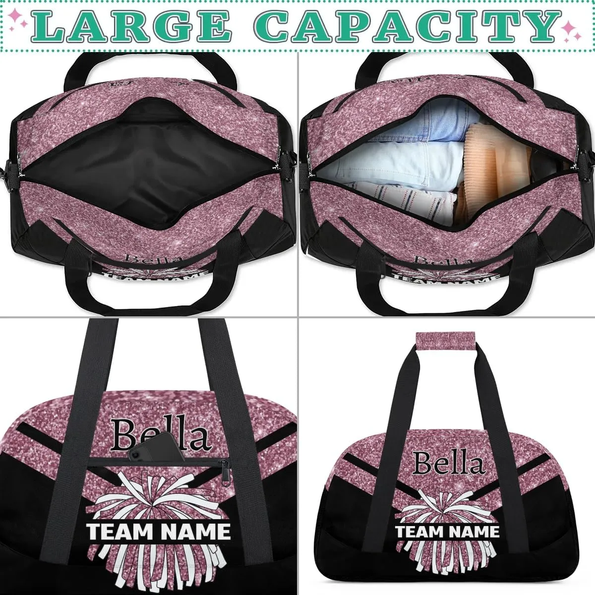 Custom Cheer Sport Bag Gym Duffel Bags Personalized Cheerleadr Bag with Team Name, Customize Travel Duffle Bags, Overnight Weekender Bag Cheerleading Gifts, Blush Pinks Glitter