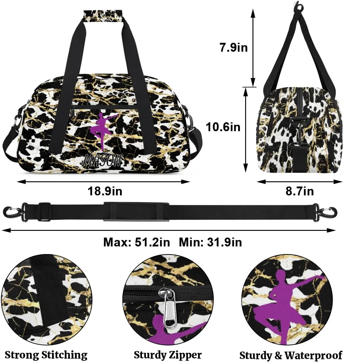 Custom Dance Bag Personalized Duffel Dance Bag Gymnastics Sport Bag Waterproof Carry on Travel Bag Overnight Weekender Bags, Gold White Black Marble