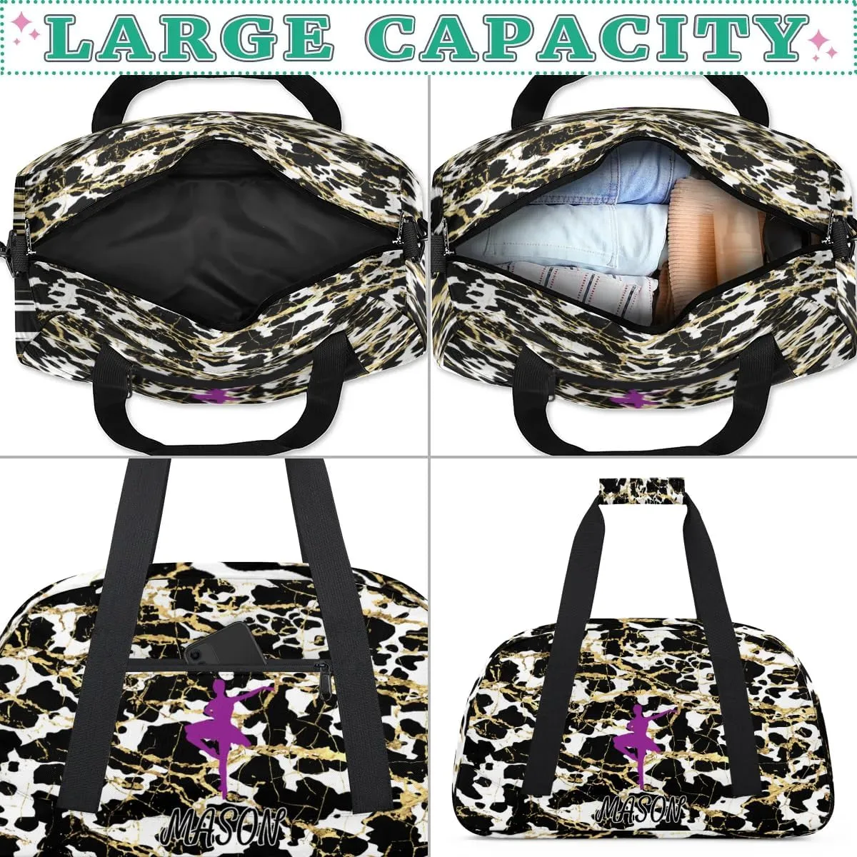 Custom Dance Bag Personalized Duffel Dance Bag Gymnastics Sport Bag Waterproof Carry on Travel Bag Overnight Weekender Bags, Gold White Black Marble