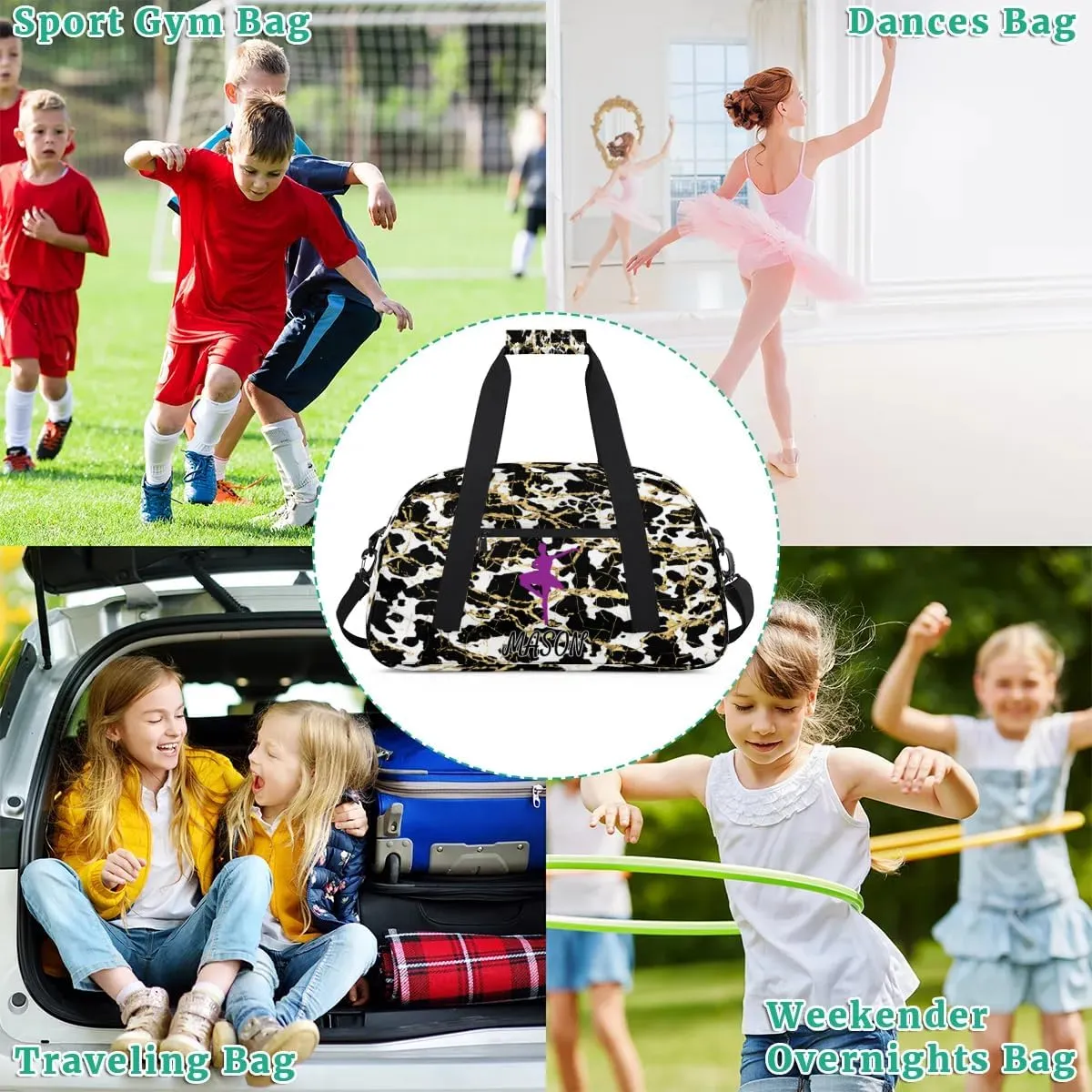 Custom Dance Bag Personalized Duffel Dance Bag Gymnastics Sport Bag Waterproof Carry on Travel Bag Overnight Weekender Bags, Gold White Black Marble