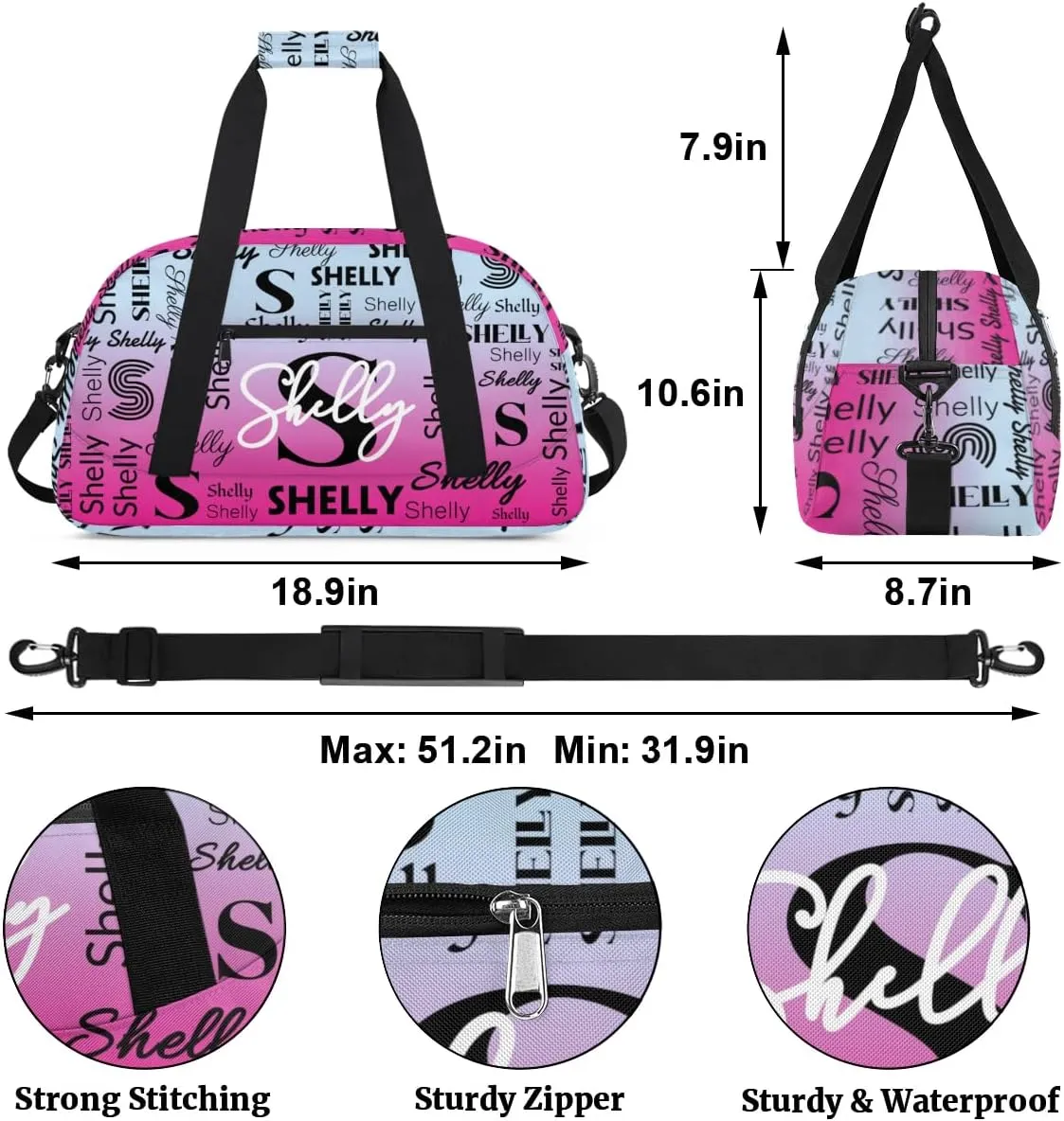 Custom Gym Bag for Women Men Personalized Sports Duffel Bag Waterproof Shoulder Weekender Bag Sports Travel Bag Lightgrey Pink Lightweight Carry on Training Bag