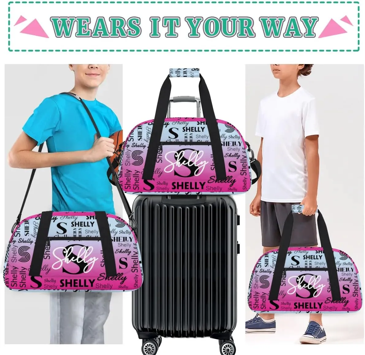 Custom Gym Bag for Women Men Personalized Sports Duffel Bag Waterproof Shoulder Weekender Bag Sports Travel Bag Lightgrey Pink Lightweight Carry on Training Bag