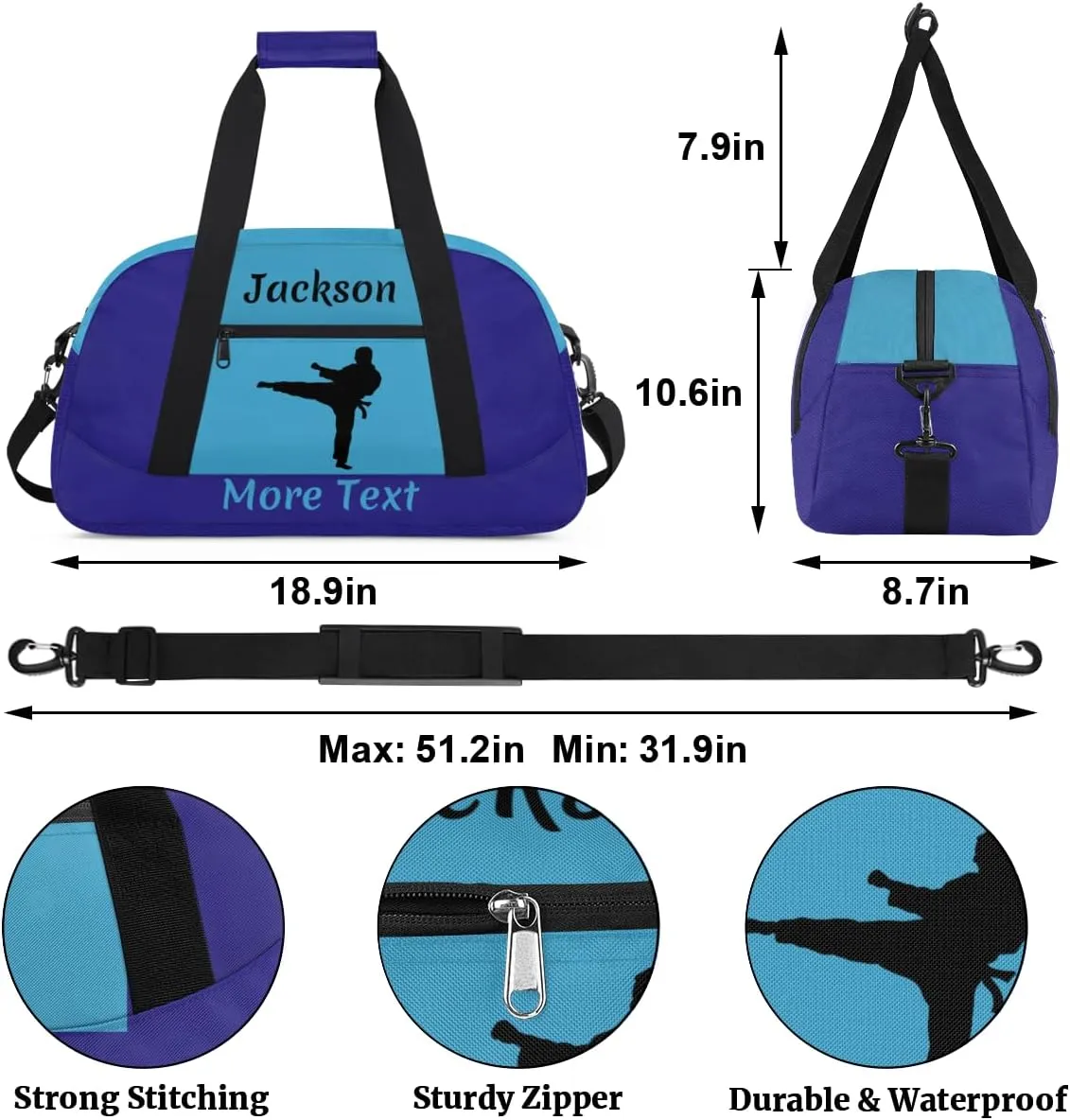 Custom Kids Gym Bag for Boys Personalized Name Sports Duffel Bag Weekender Overnight Travel Bags Dark Blue Martial Arts Male Gifts