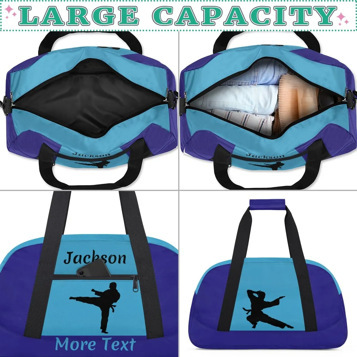 Custom Kids Gym Bag for Boys Personalized Name Sports Duffel Bag Weekender Overnight Travel Bags Dark Blue Martial Arts Male Gifts