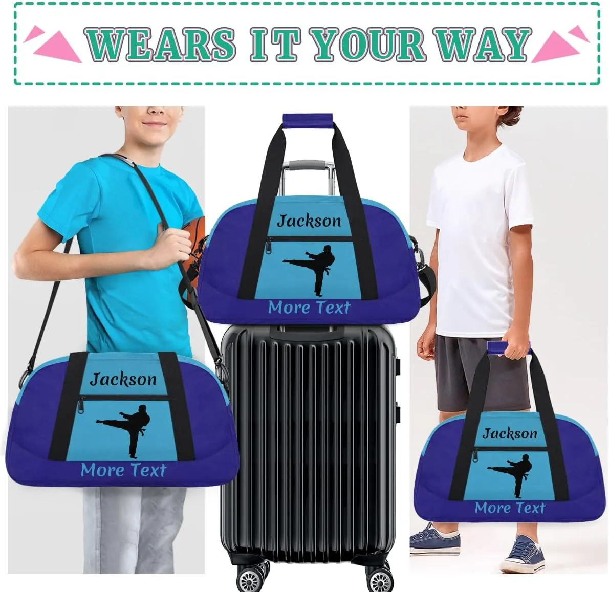 Custom Kids Gym Bag for Boys Personalized Name Sports Duffel Bag Weekender Overnight Travel Bags Dark Blue Martial Arts Male Gifts