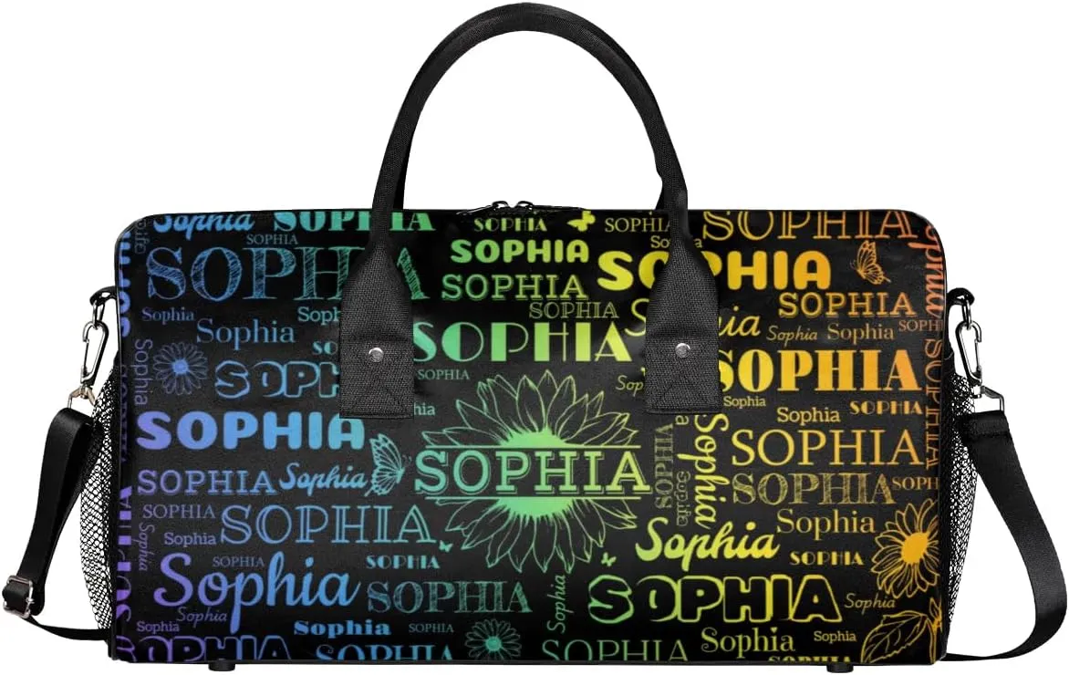 Custom Name Sport Duffel Bag, Sunflower Personalized Gym Bag for Women, Custom Travel Tote Bags for Dance Cheer, Overnight Weekender Bags, Black Bag