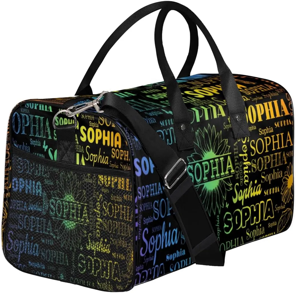 Custom Name Sport Duffel Bag, Sunflower Personalized Gym Bag for Women, Custom Travel Tote Bags for Dance Cheer, Overnight Weekender Bags, Black Bag