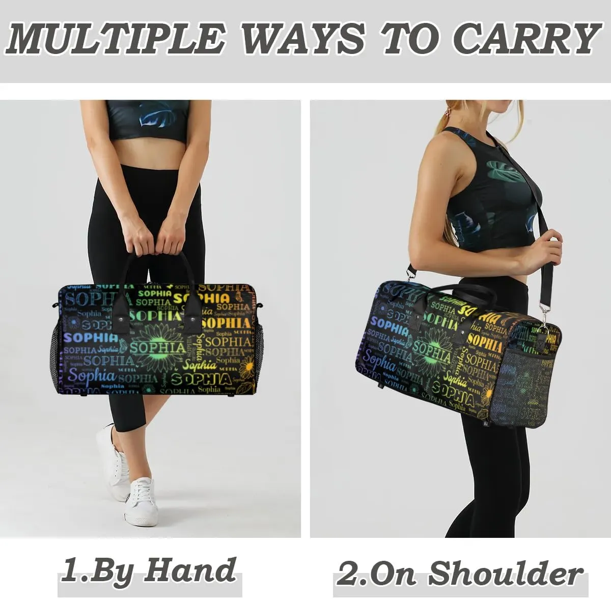 Custom Name Sport Duffel Bag, Sunflower Personalized Gym Bag for Women, Custom Travel Tote Bags for Dance Cheer, Overnight Weekender Bags, Black Bag