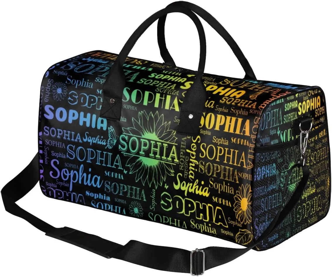 Custom Name Sport Duffel Bag, Sunflower Personalized Gym Bag for Women, Custom Travel Tote Bags for Dance Cheer, Overnight Weekender Bags, Black Bag