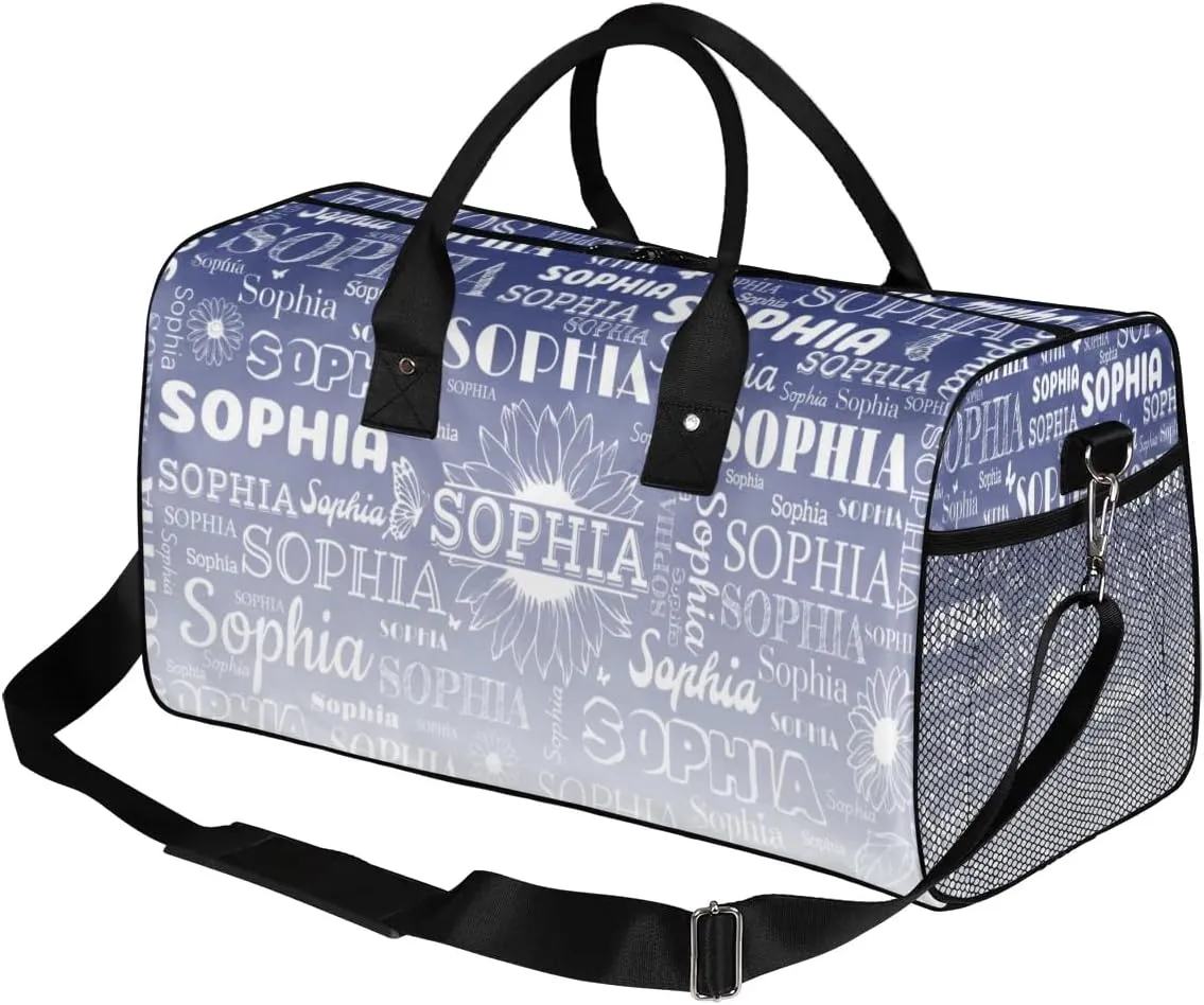 Custom Name Sport Duffel Bag, Sunflower Personalized Gym Bag for Women, Custom Travel Tote Bags for Dance Cheer, Overnight Weekender Bags, Cobalt Blue Gradient Bag