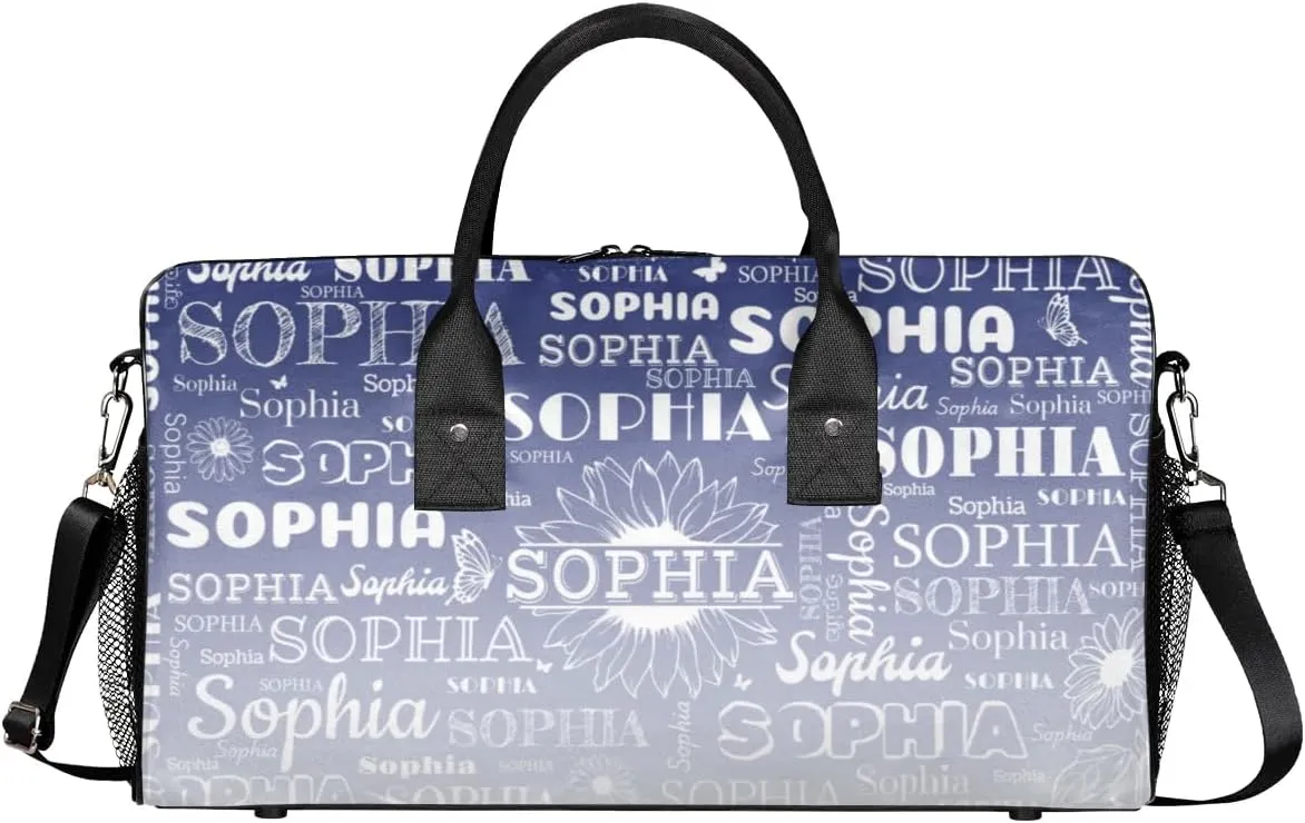 Custom Name Sport Duffel Bag, Sunflower Personalized Gym Bag for Women, Custom Travel Tote Bags for Dance Cheer, Overnight Weekender Bags, Cobalt Blue Gradient Bag