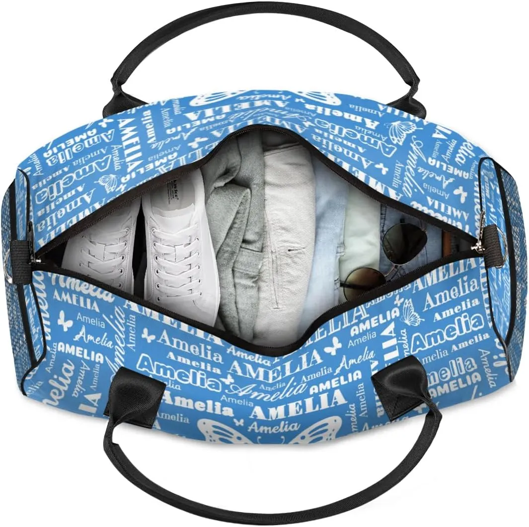 Custom Name Sport Duffel Bag with Butterfly, Personalized Initial Gym Bag for Women, Custom Travel Tote Bags for Dance Cheer, Overnight Weekender Bags, Blue