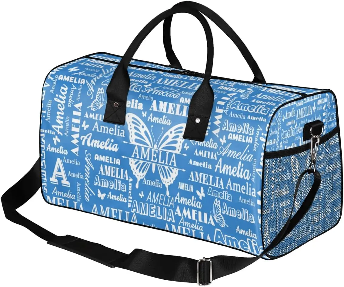 Custom Name Sport Duffel Bag with Butterfly, Personalized Initial Gym Bag for Women, Custom Travel Tote Bags for Dance Cheer, Overnight Weekender Bags, Blue