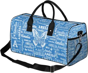 Custom Name Sport Duffel Bag with Butterfly, Personalized Initial Gym Bag for Women, Custom Travel Tote Bags for Dance Cheer, Overnight Weekender Bags, Blue