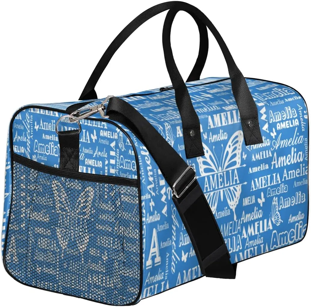 Custom Name Sport Duffel Bag with Butterfly, Personalized Initial Gym Bag for Women, Custom Travel Tote Bags for Dance Cheer, Overnight Weekender Bags, Blue