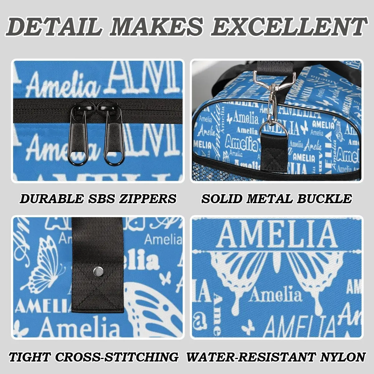 Custom Name Sport Duffel Bag with Butterfly, Personalized Initial Gym Bag for Women, Custom Travel Tote Bags for Dance Cheer, Overnight Weekender Bags, Blue