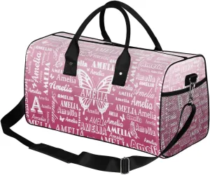 Custom Name Sport Duffel Bag with Butterfly, Personalized Initial Gym Bag for Women, Custom Travel Tote Bags for Dance Cheer, Overnight Weekender Bags, Dark Pink Gradient