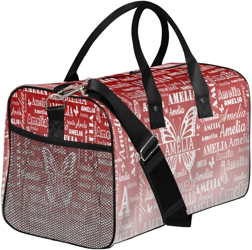 Custom Name Sport Duffel Bag with Butterfly, Personalized Initial Gym Bag for Women, Custom Travel Tote Bags for Dance Cheer, Overnight Weekender Bags, Deep Red Gradient