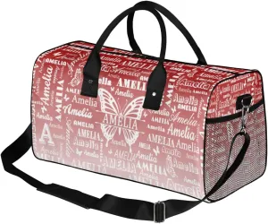 Custom Name Sport Duffel Bag with Butterfly, Personalized Initial Gym Bag for Women, Custom Travel Tote Bags for Dance Cheer, Overnight Weekender Bags, Deep Red Gradient