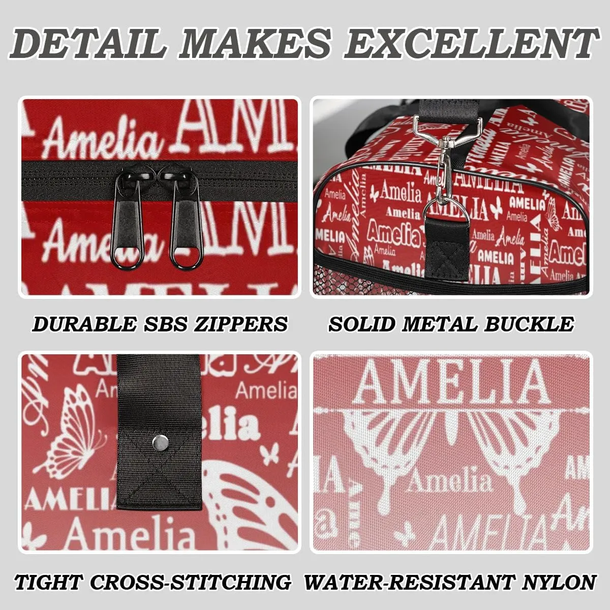Custom Name Sport Duffel Bag with Butterfly, Personalized Initial Gym Bag for Women, Custom Travel Tote Bags for Dance Cheer, Overnight Weekender Bags, Deep Red Gradient