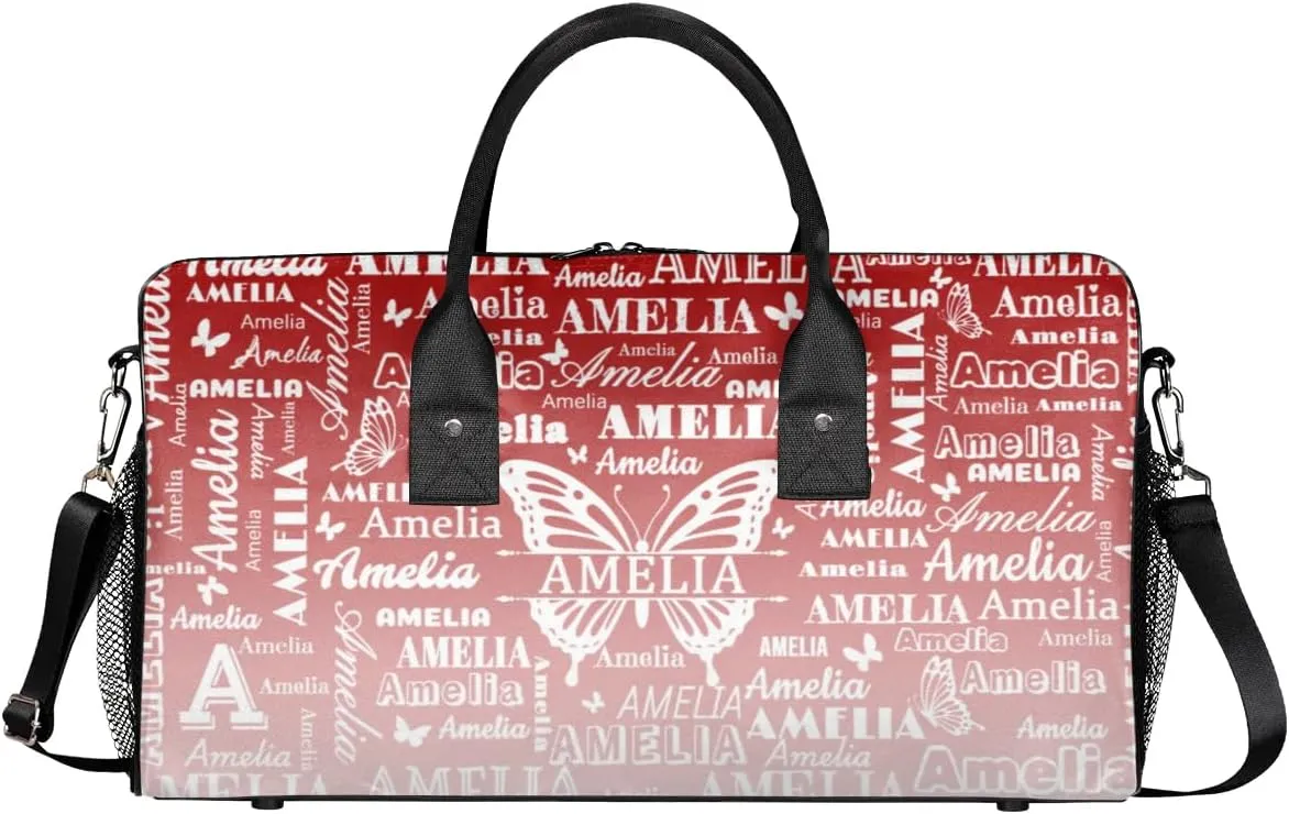Custom Name Sport Duffel Bag with Butterfly, Personalized Initial Gym Bag for Women, Custom Travel Tote Bags for Dance Cheer, Overnight Weekender Bags, Deep Red Gradient