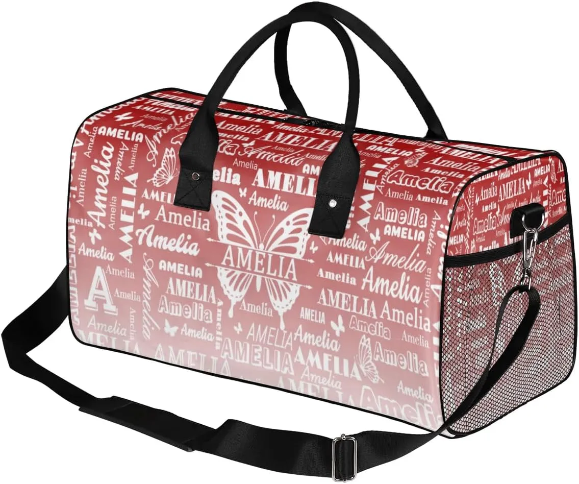 Custom Name Sport Duffel Bag with Butterfly, Personalized Initial Gym Bag for Women, Custom Travel Tote Bags for Dance Cheer, Overnight Weekender Bags, Deep Red Gradient