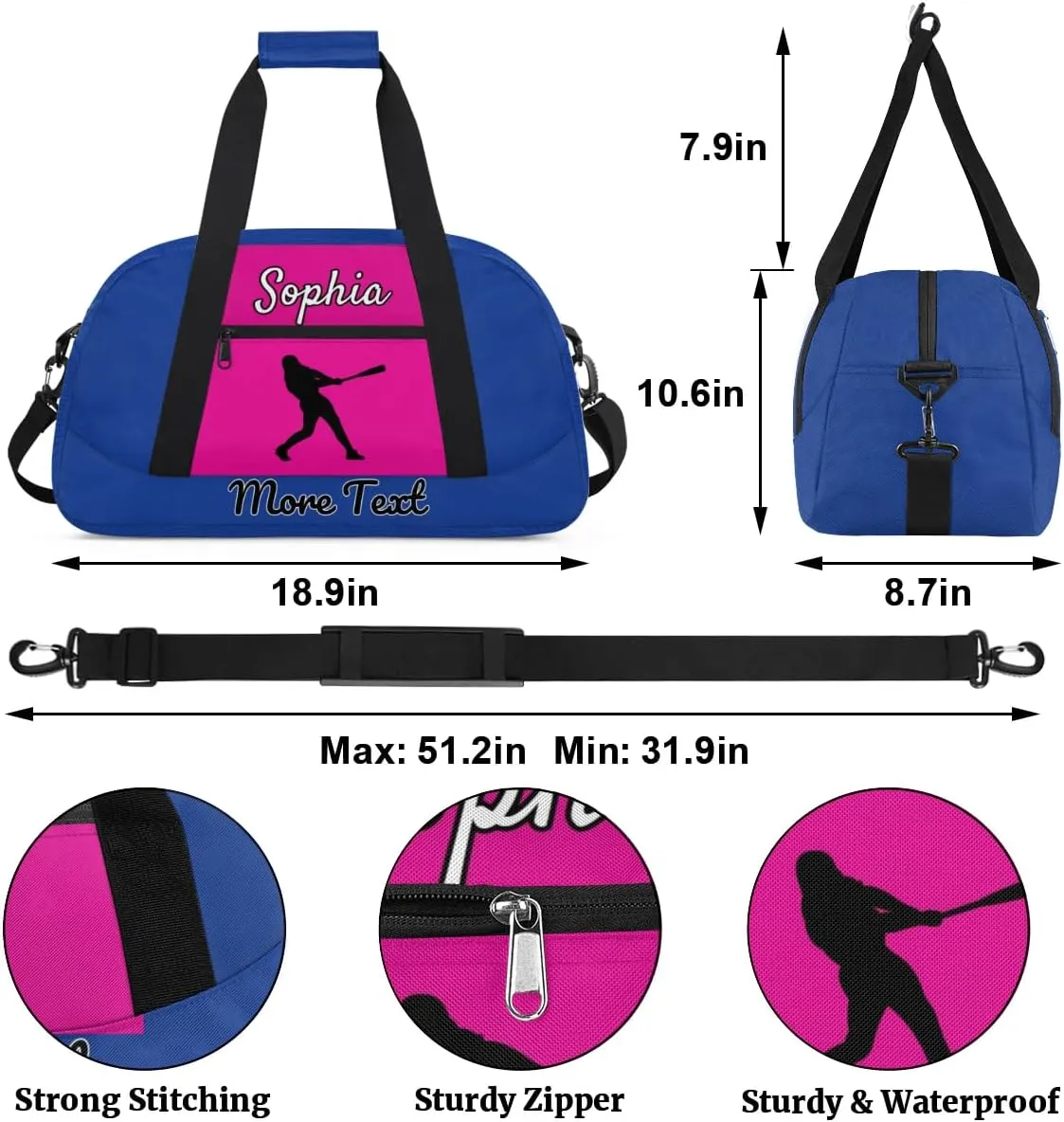 Custom Name Sports Bag, Personalized Balls Gym Duffel Bags, Lightweight Travel Overnight Weekender Bag Custom Gifts, Cobalt Blue
