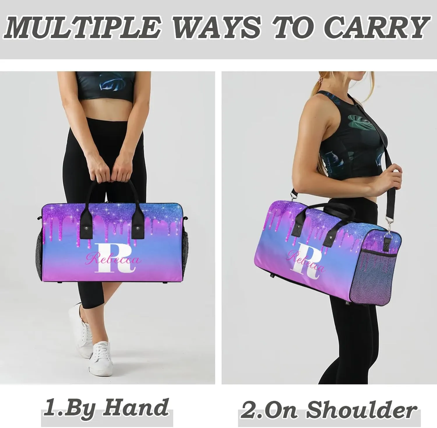 Custom Name Sports Duffel Bag Personalized Dance Gym Bag for Women Men Overnight Weekender Travel Duffel Bags Lightweight 17.4in, Purple Blue