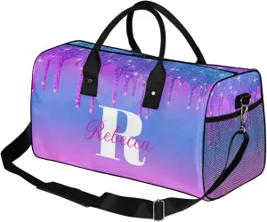 Custom Name Sports Duffel Bag Personalized Dance Gym Bag for Women Men Overnight Weekender Travel Duffel Bags Lightweight 17.4in, Purple Blue