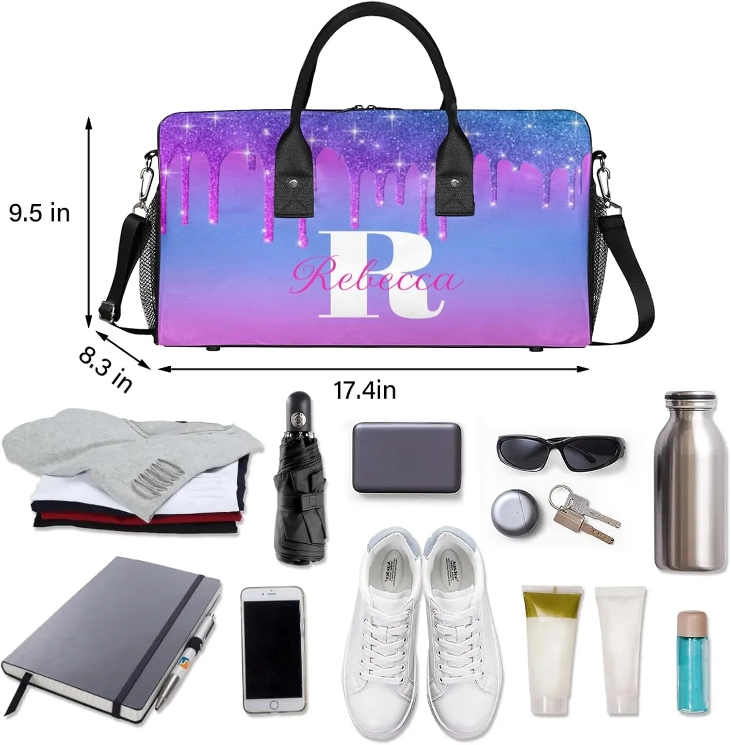 Custom Name Sports Duffel Bag Personalized Dance Gym Bag for Women Men Overnight Weekender Travel Duffel Bags Lightweight 17.4in, Purple Blue