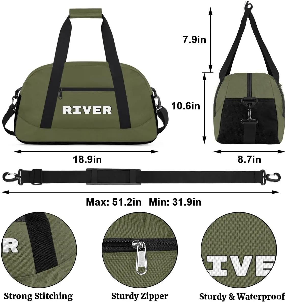Custom Sport Gym Bags, Personalized Name Overnight Duffel Bags for Boys Girls Dance Weekender Bag Travel Tote Bags, Army Green