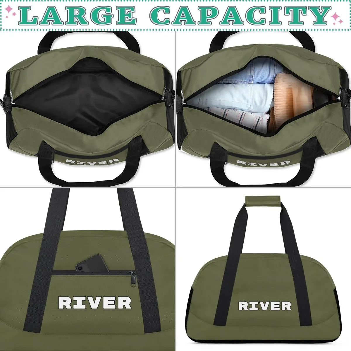 Custom Sport Gym Bags, Personalized Name Overnight Duffel Bags for Boys Girls Dance Weekender Bag Travel Tote Bags, Army Green
