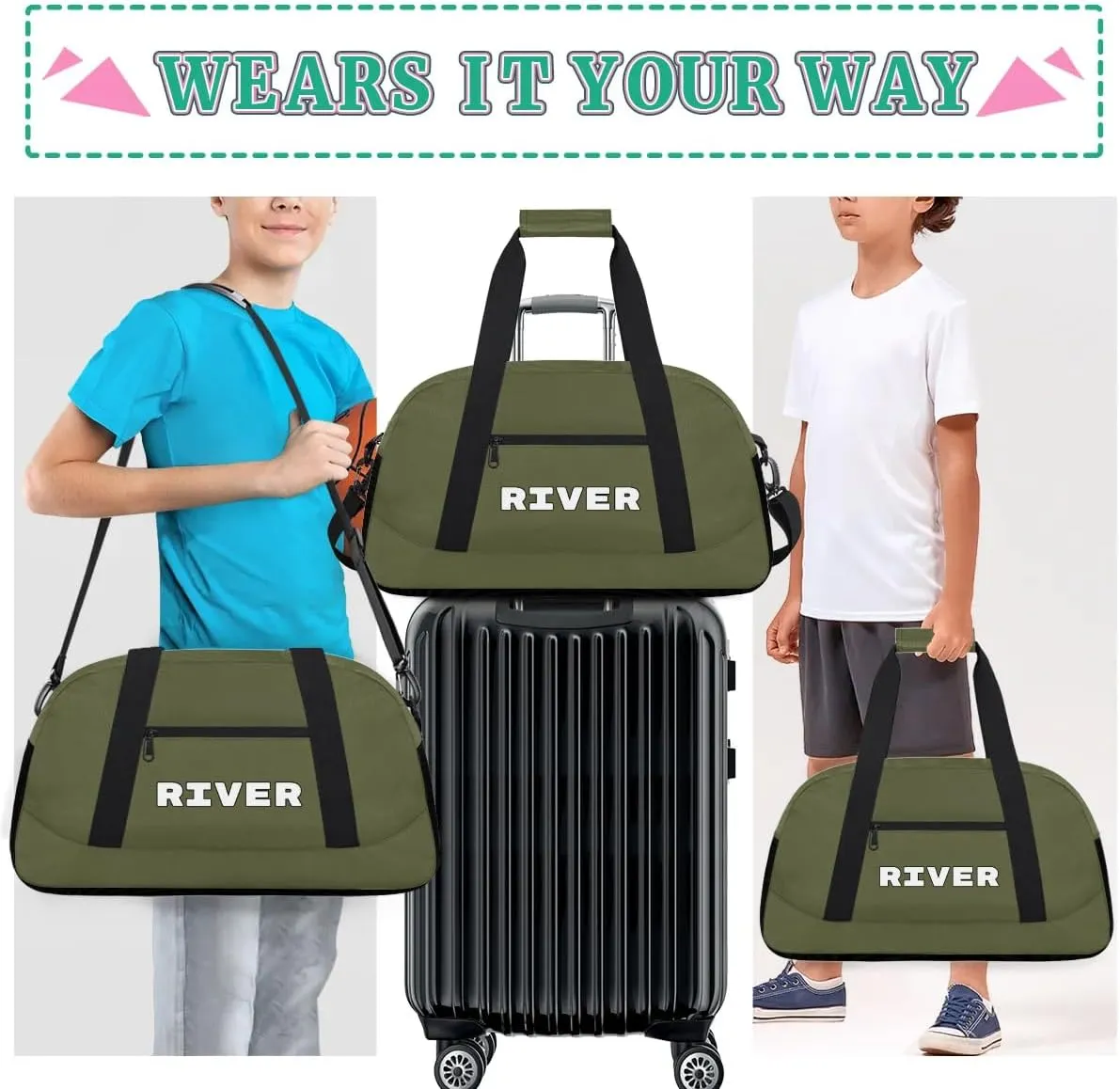 Custom Sport Gym Bags, Personalized Name Overnight Duffel Bags for Boys Girls Dance Weekender Bag Travel Tote Bags, Army Green