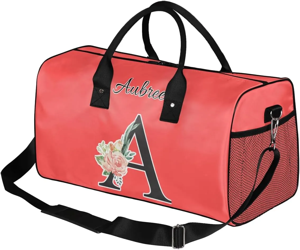 Custom Travel Duffel Bag with Initial, Personalized Letters Gym Bag for Women Men Sports Bags for Swimming Running Playing, Weekender Overnight Bags, Coral Red