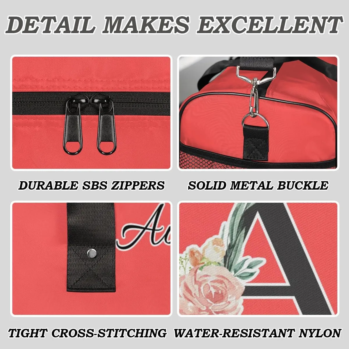 Custom Travel Duffel Bag with Initial, Personalized Letters Gym Bag for Women Men Sports Bags for Swimming Running Playing, Weekender Overnight Bags, Coral Red