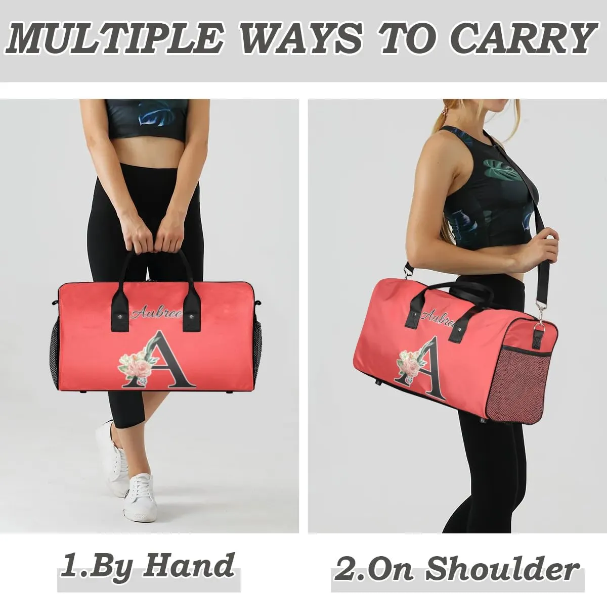 Custom Travel Duffel Bag with Initial, Personalized Letters Gym Bag for Women Men Sports Bags for Swimming Running Playing, Weekender Overnight Bags, Coral Red