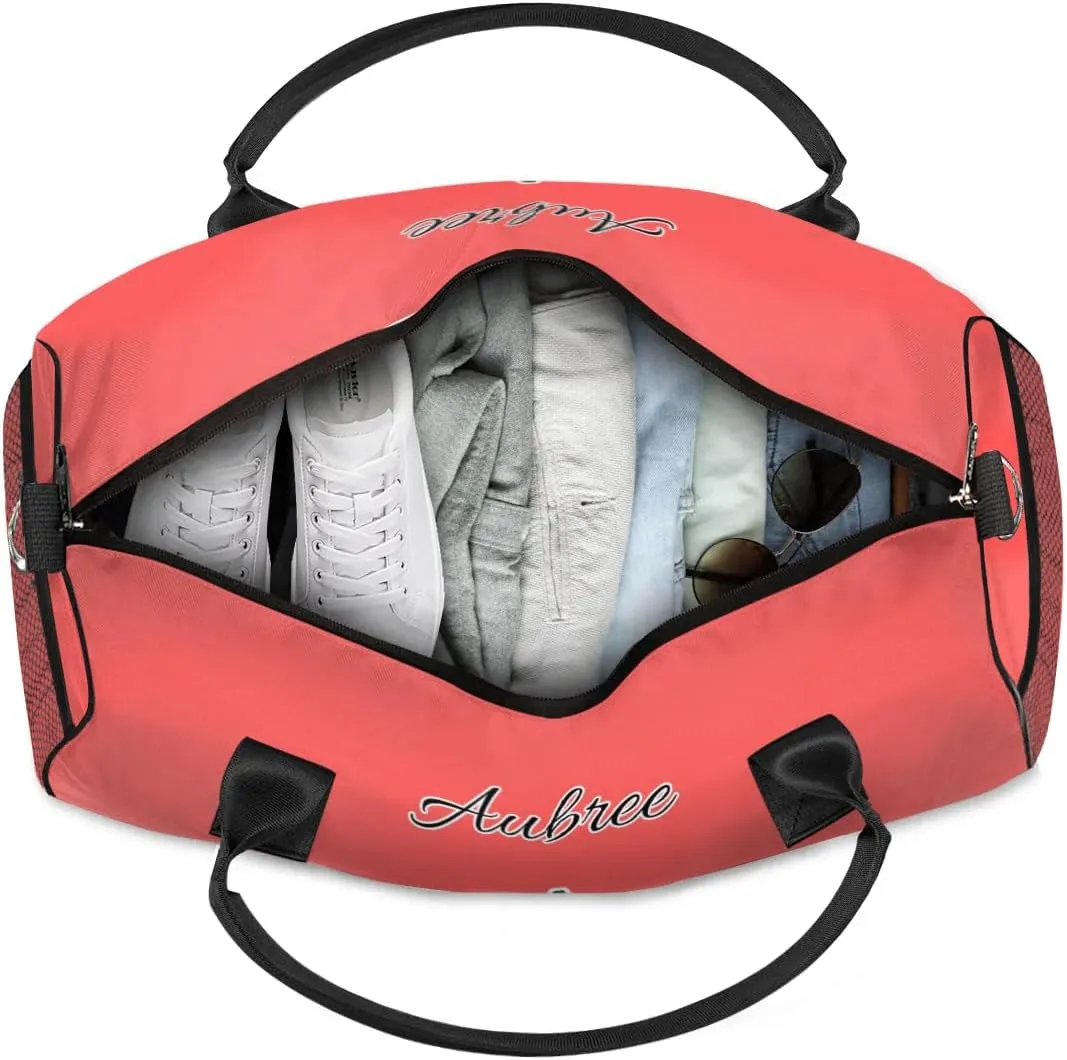 Custom Travel Duffel Bag with Initial, Personalized Letters Gym Bag for Women Men Sports Bags for Swimming Running Playing, Weekender Overnight Bags, Coral Red