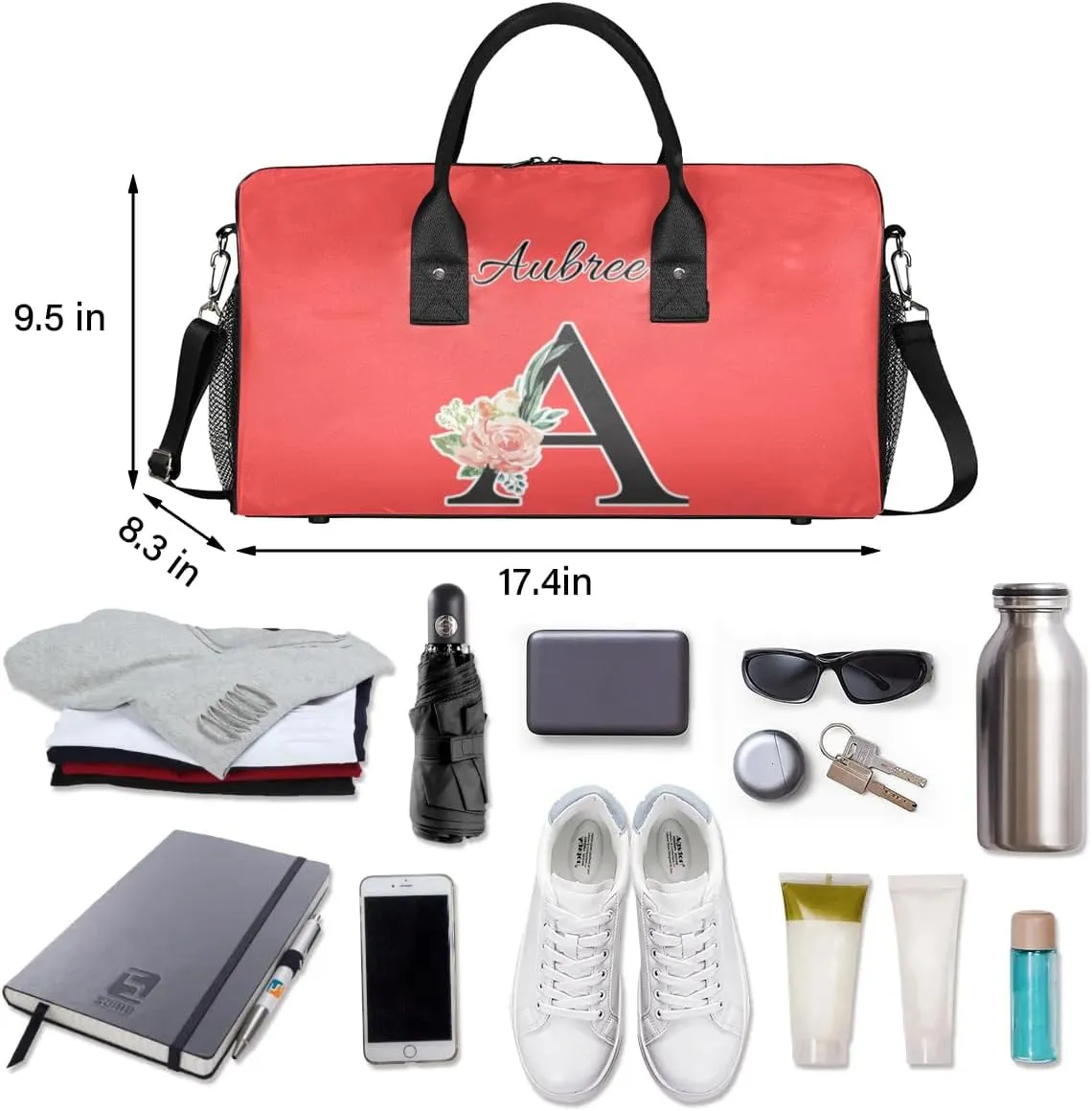 Custom Travel Duffel Bag with Initial, Personalized Letters Gym Bag for Women Men Sports Bags for Swimming Running Playing, Weekender Overnight Bags, Coral Red