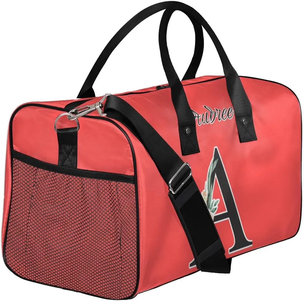 Custom Travel Duffel Bag with Initial, Personalized Letters Gym Bag for Women Men Sports Bags for Swimming Running Playing, Weekender Overnight Bags, Coral Red